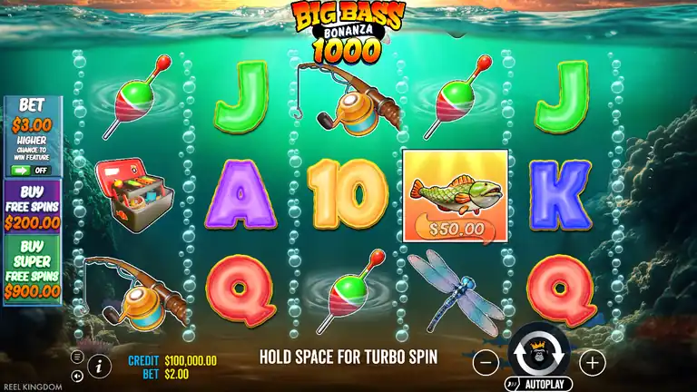 Big Bass Bonanza 1000 - session start, spin 1, balance $100,000.00 at $2.00 stake