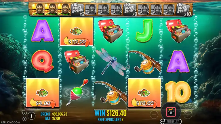 Big Bass Bonanza 1000 - a smaller Free Spins round near spin 1,364, WIN $126.40 with 2 free spins left, balance $98,886.20 at $2.00 stake