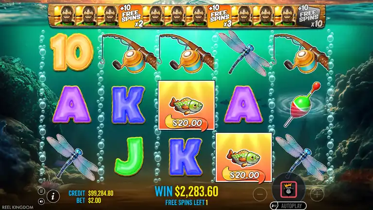 Big Bass Bonanza 1000 Free Spins result screen showing $2,283.60 total win (1,141.8x) from Bonus #10